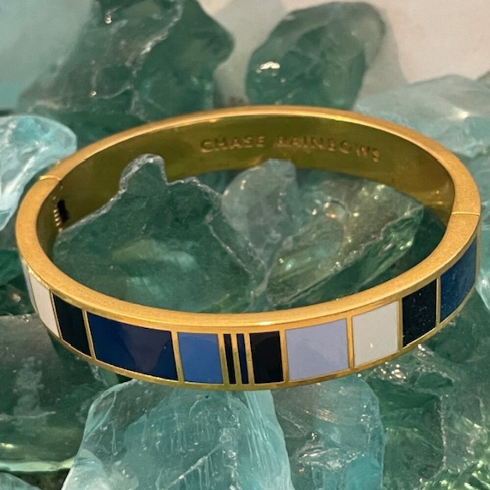 KATE SPADE BANGLE BRACELET HINGED "CHASE RAINBOWS" BLUE GOLD PLATE PREOWNED